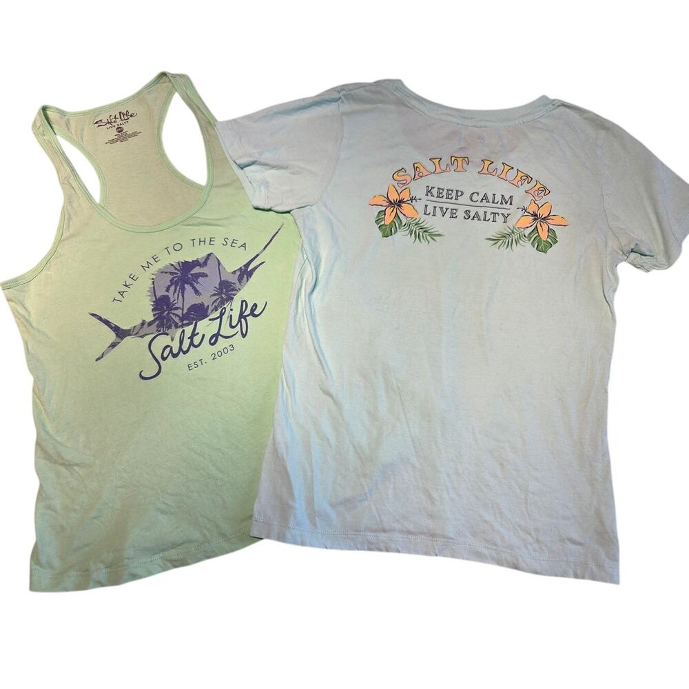 Lot Set 2 Salt Life Shirts Tank Medium Fishing Marlin Hawaiian Flower